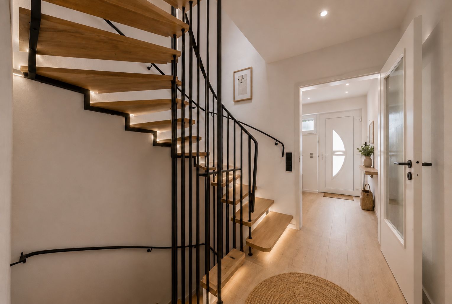 Heller Flur mit Holztreppe, schwarzem Geländer und weißer Eingangstür in einem Wohnhaus.