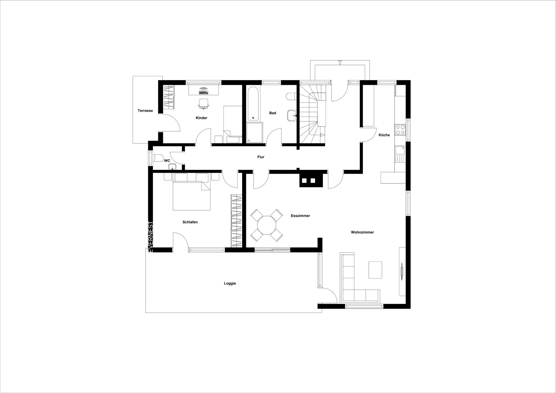 Grundriss eines Wohnhauses mit Schlafzimmer, Wohnzimmer, Esszimmer, Küche, Bad und Terrasse.
