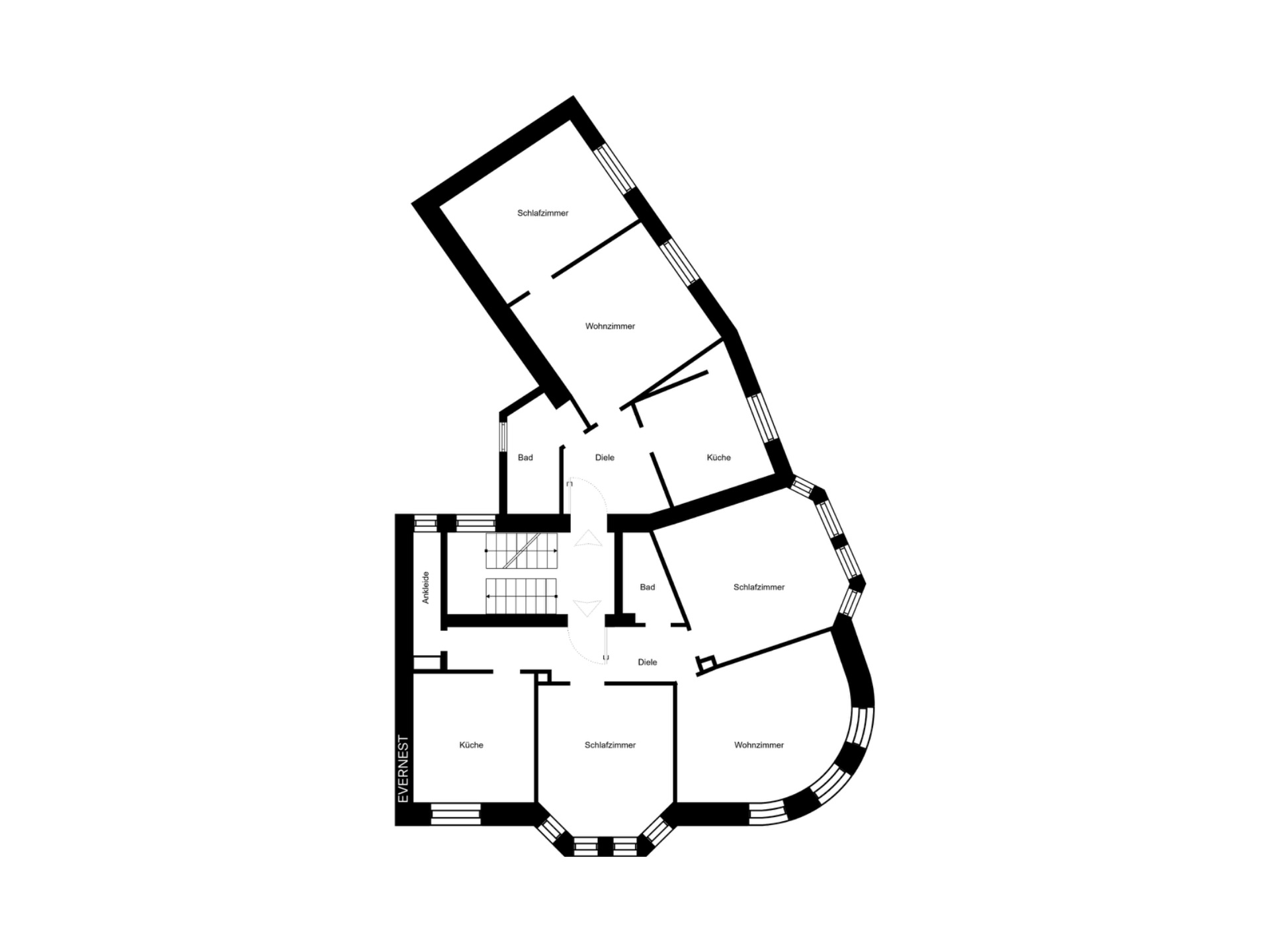 Grundriss einer Wohnung mit mehreren Zimmern, Bädern, Küchen und Fluren.