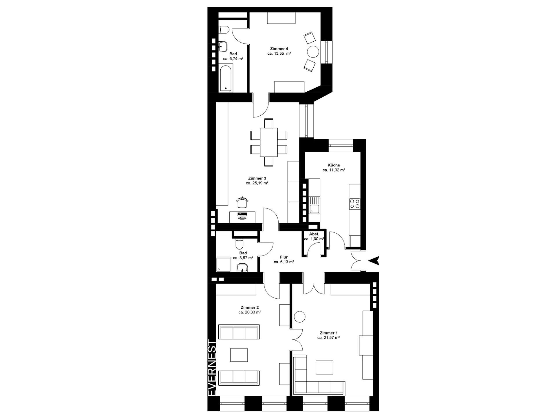 Grundriss einer Wohnung mit vier Zimmern, zwei Bädern, Küche und Flur.