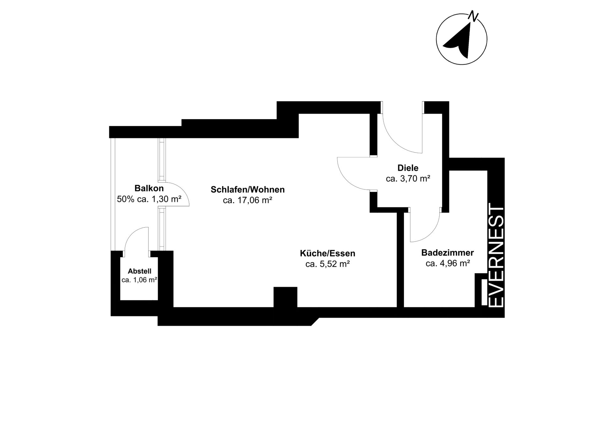 Grundriss einer Wohnung mit Schlaf-/Wohnzimmer, Küche, Bad, Diele, Balkon und Abstellraum.