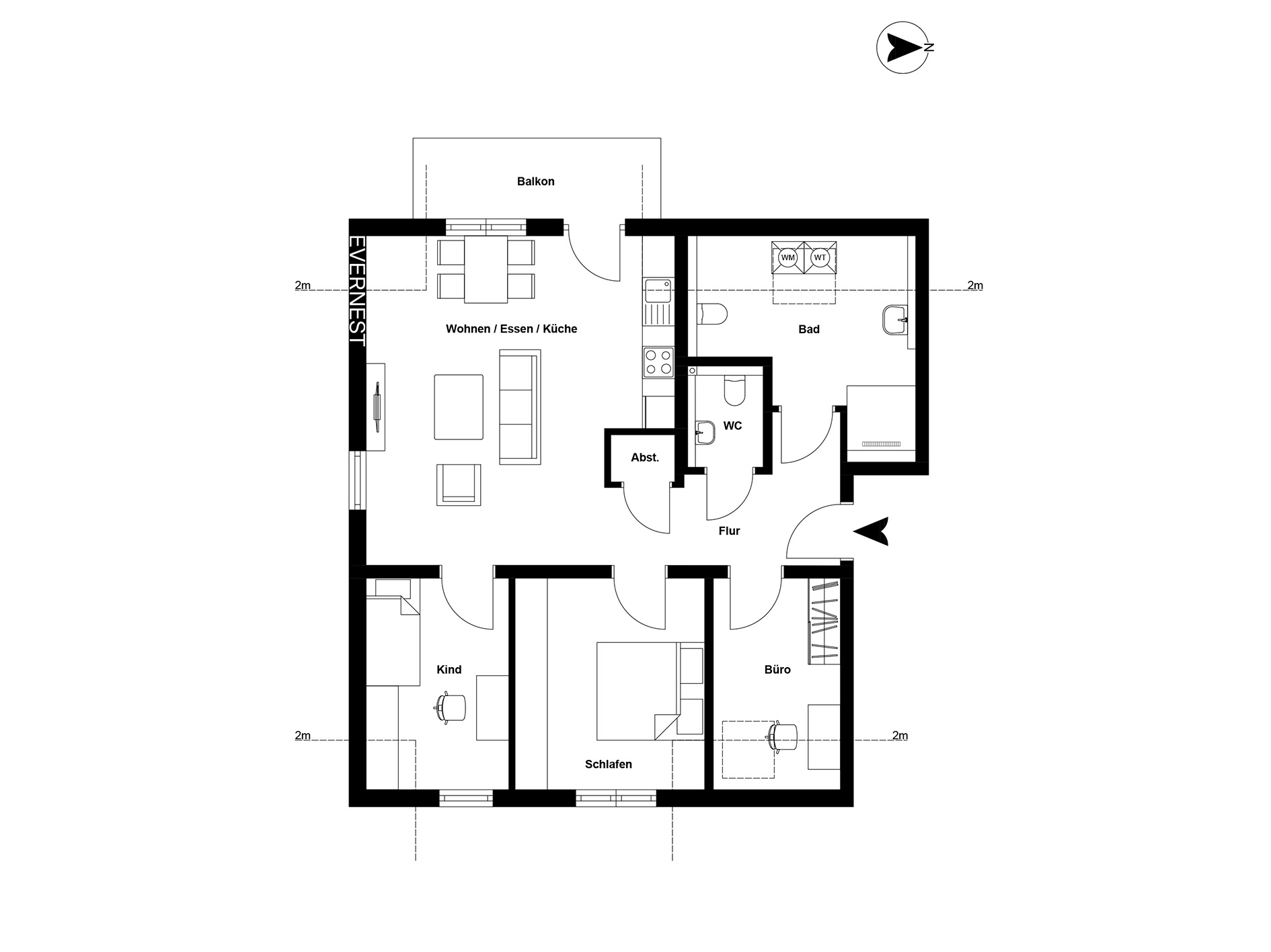Grundriss einer Wohnung mit Wohnzimmer, Küche, Bad, WC, Schlafzimmer, Kinderzimmer, Büro und Balkon.