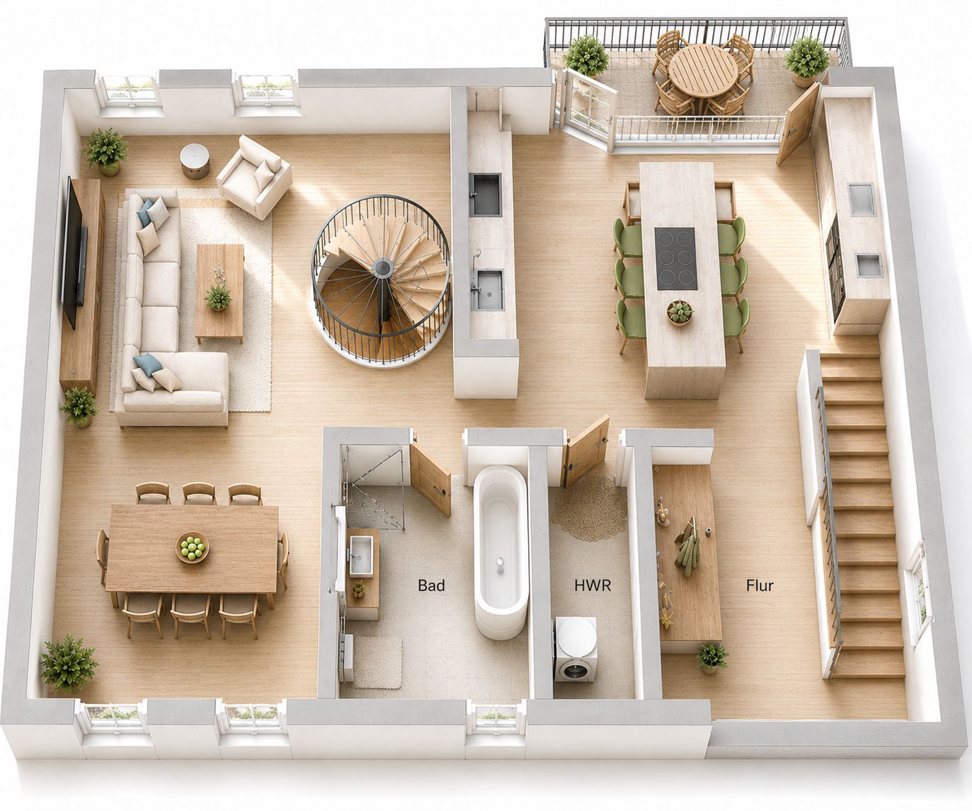 Grundriss einer Wohnung mit Wohnzimmer, Essbereich, Küche, Bad, Hauswirtschaftsraum und Balkon.