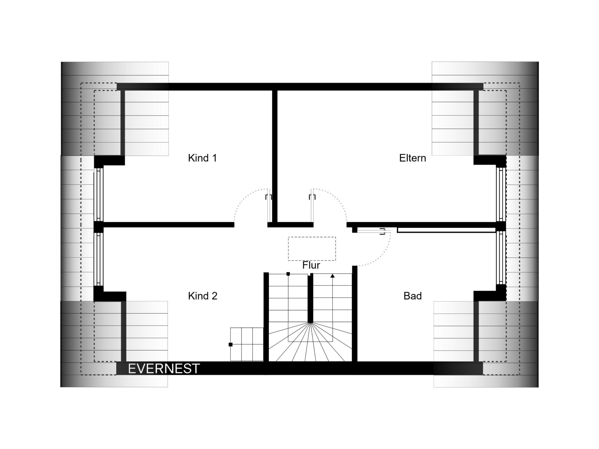 Grundriss mit Zimmern: Kind 1, Kind 2, Eltern, Bad und Flur. Treppenhaus in der Mitte.