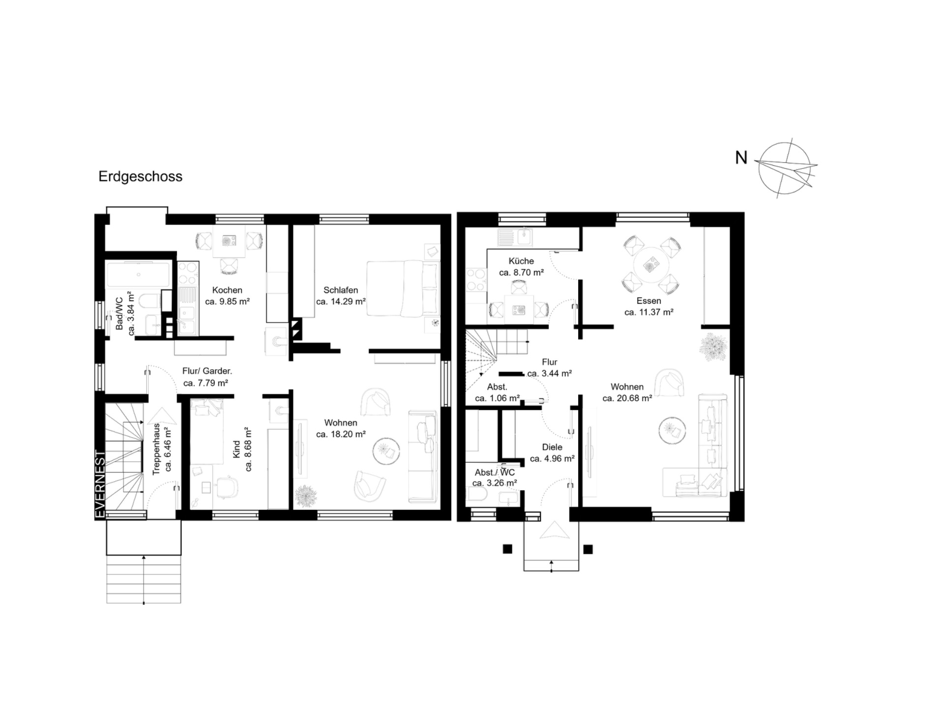 Grundriss des Erdgeschosses mit beschrifteten Räumen wie Küche, Wohnzimmer und Schlafzimmer.