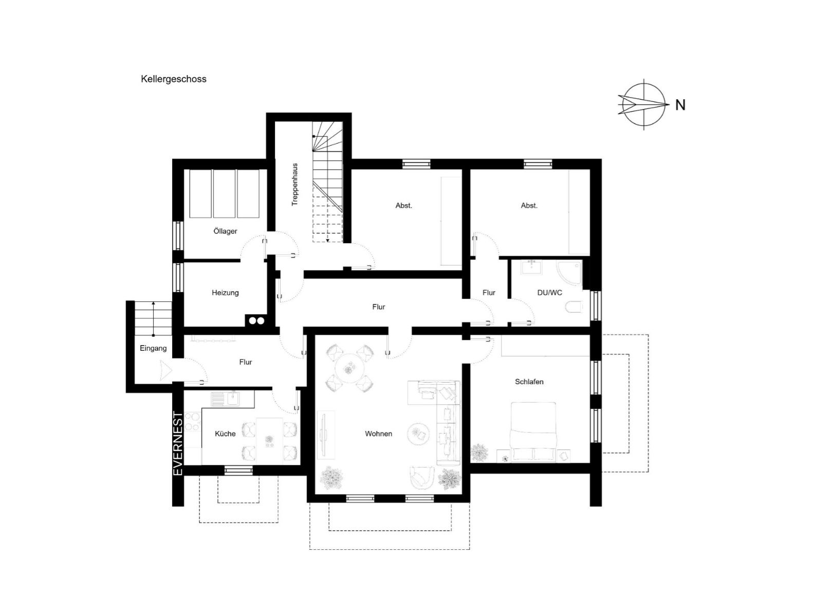 Grundriss eines Kellers mit Räumen wie Heizung, Küche, Wohnen, Schlafen und Abstellraum.