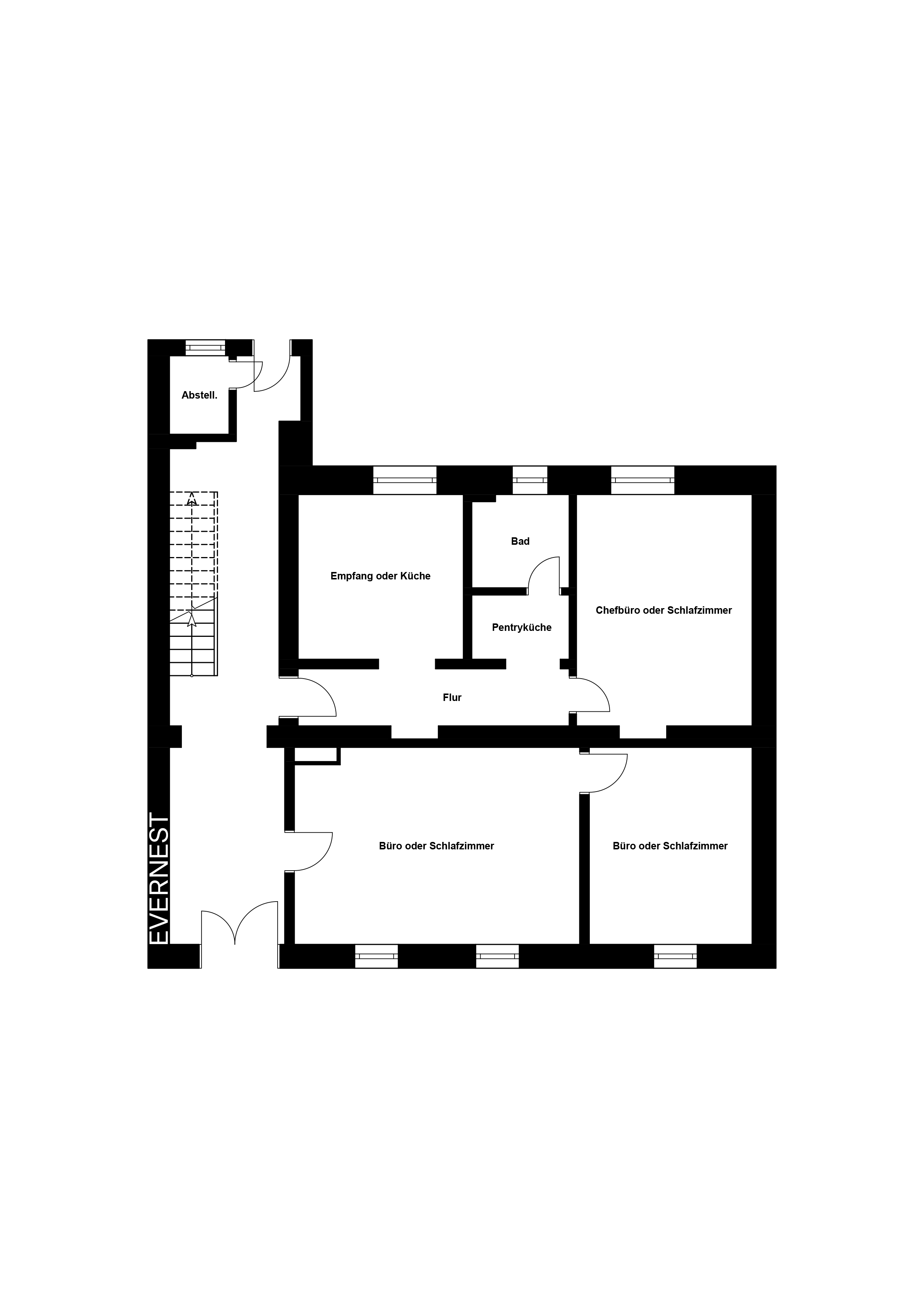 Grundriss mit drei Zimmern, Empfang oder Küche, Bad, Flur, Abstellraum und Pantryküche.