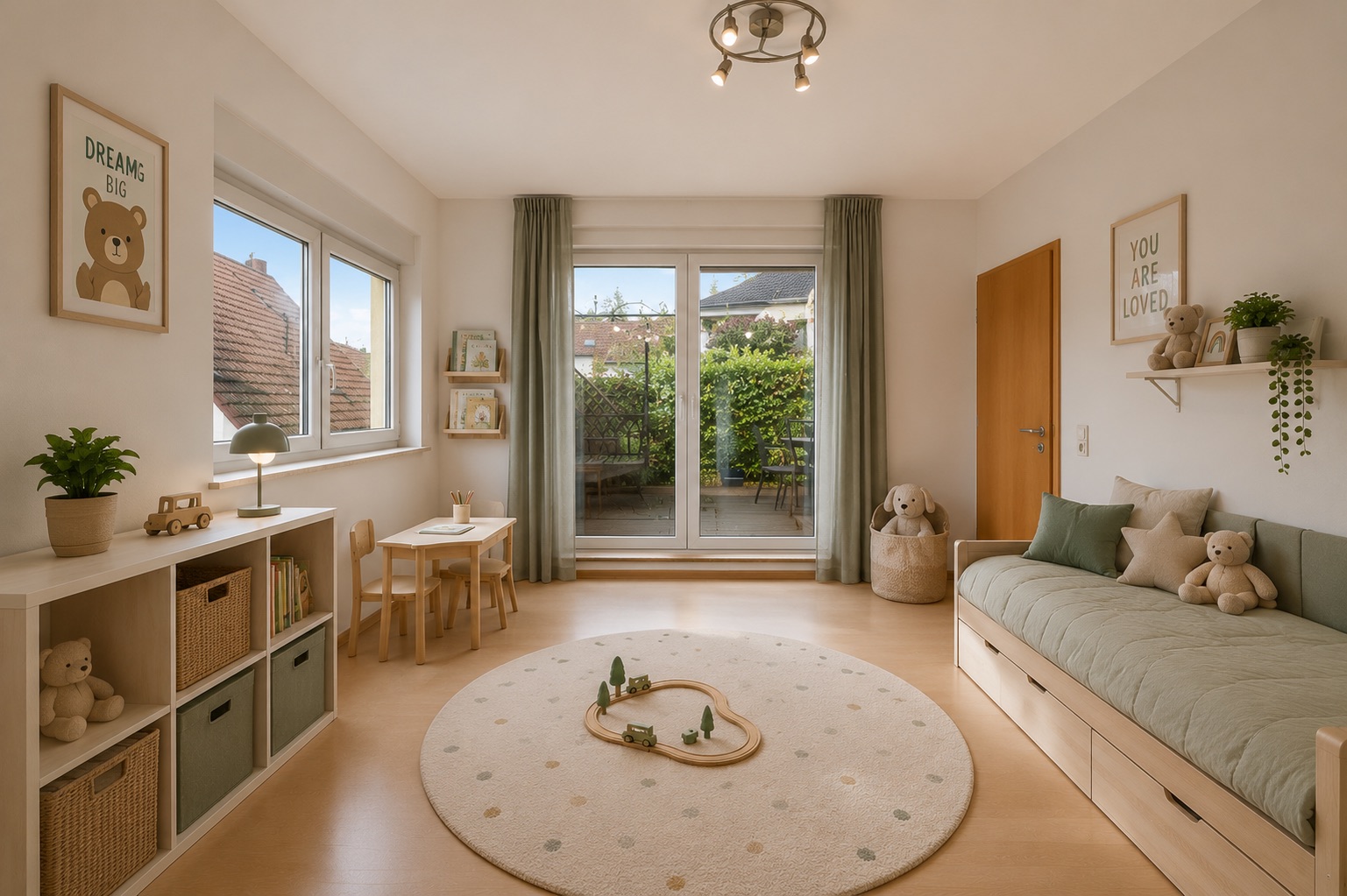 Helles Kinderzimmer mit großem Fenster, Spielteppich, Sofa, Spielzeug und Holzmöbeln.