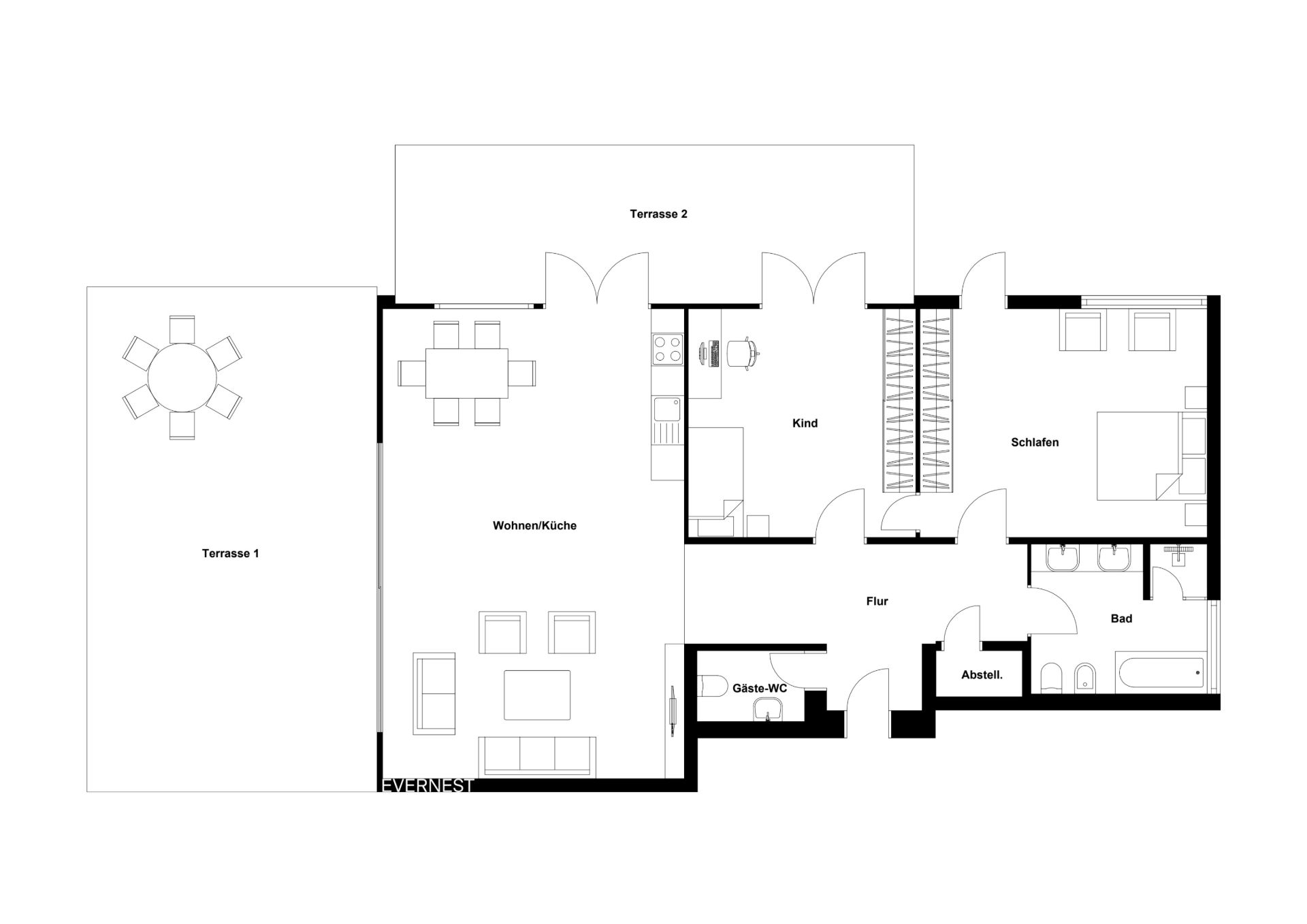 Grundriss einer Wohnung mit Wohnküche, zwei Terrassen, Bad, Gäste-WC, Abstellraum und zwei Schlafzimmern.
