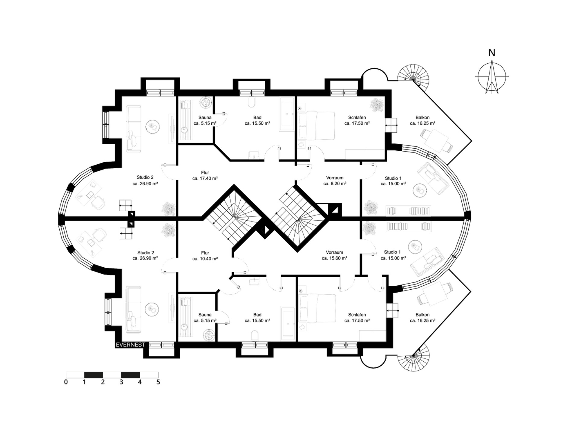 Grundriss einer Wohnung mit mehreren Zimmern, Studios, Bädern, Saunen und zwei Balkonen.