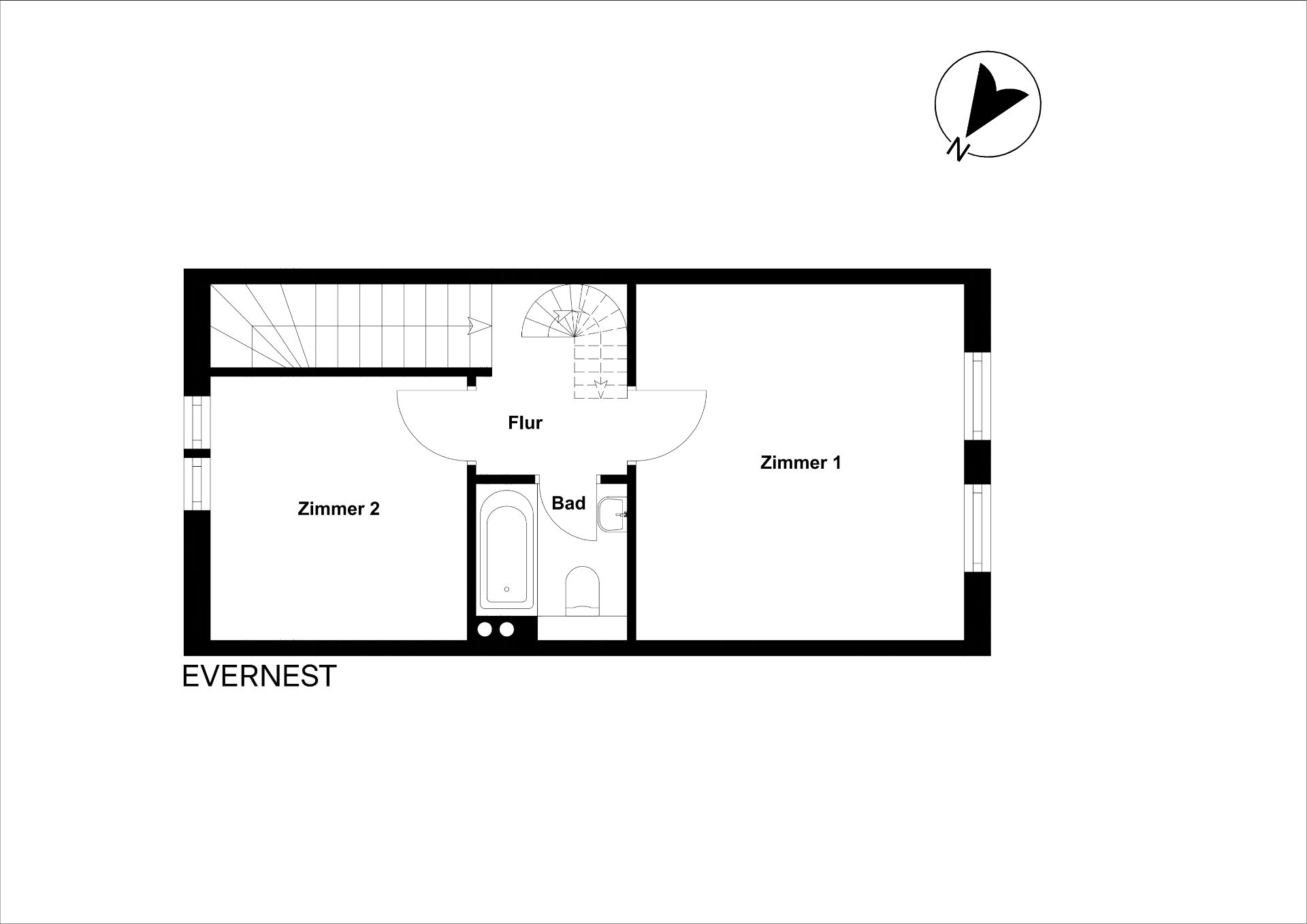 Grundriss mit zwei Zimmern, Flur und Bad. Treppe im Flur sichtbar.