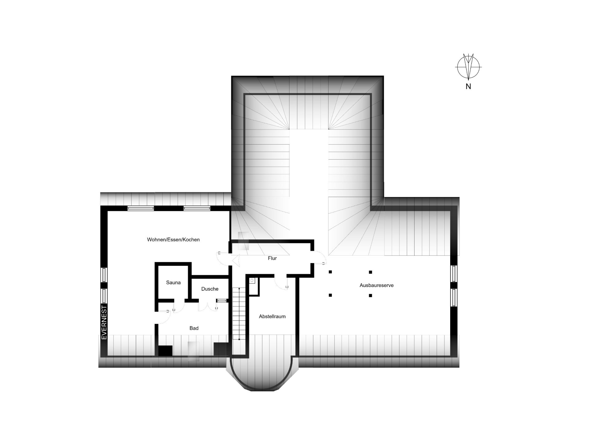 Grundriss mit Wohnbereich, Küche, Sauna, Bad, Flur, Abstellraum und Ausbauraum.