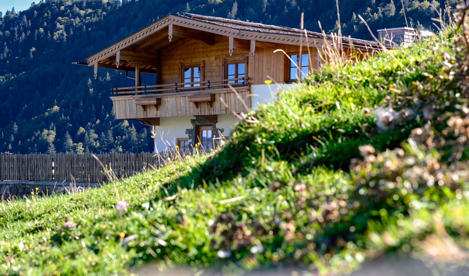 Holzhaus mit Balkon am Hang, im Vordergrund grüne Wiese, im Hintergrund bewaldete Berge.