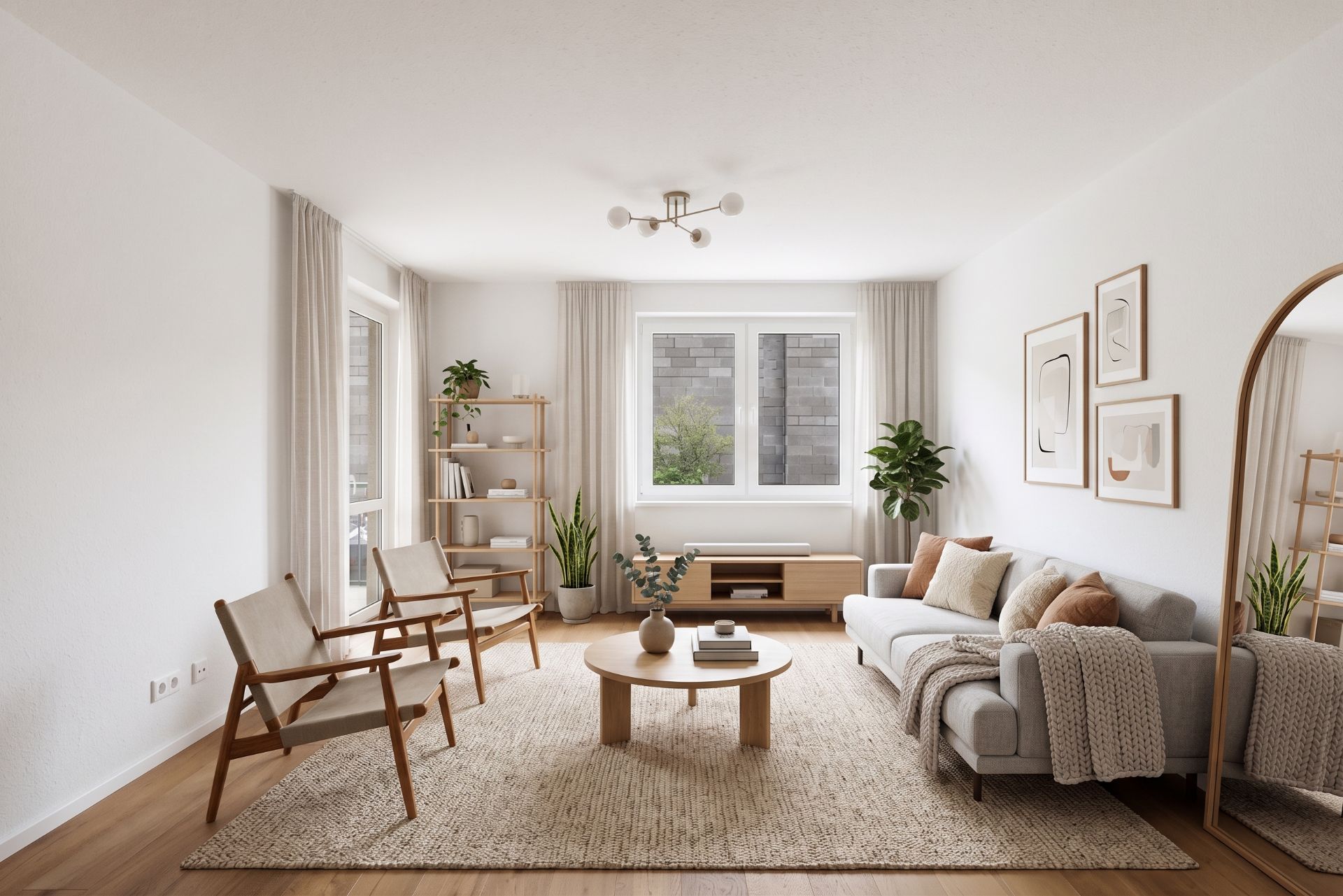 Helles Wohnzimmer mit Sofa, zwei Stühlen, Couchtisch, Regal und Pflanzen.