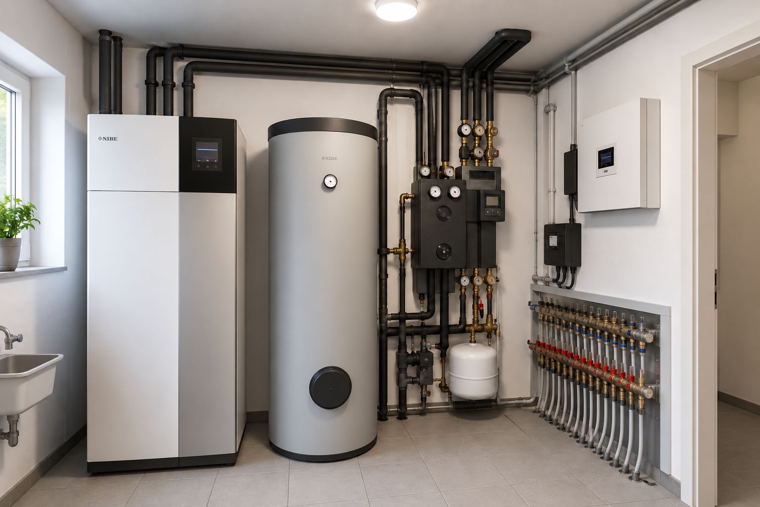 Technikraum mit Heizungsanlage, Rohrleitungen, Speicher und Wandarmaturen.