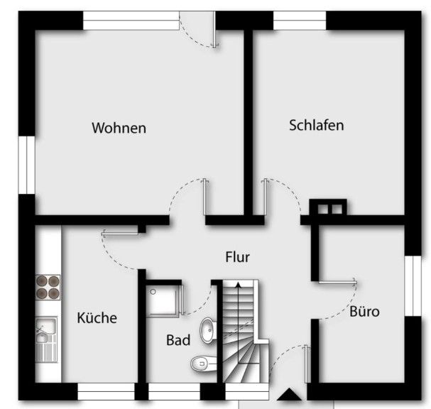 Grundriss einer Wohnung mit Wohnzimmer, Schlafzimmer, Küche, Bad, Flur und Büro.