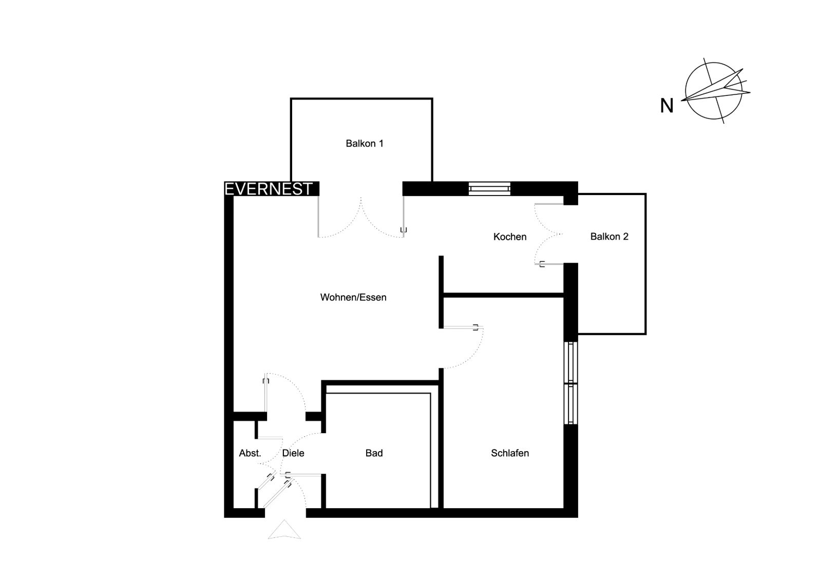Grundriss einer Wohnung mit Wohnzimmer, Schlafzimmer, Bad, Küche und zwei Balkonen.
