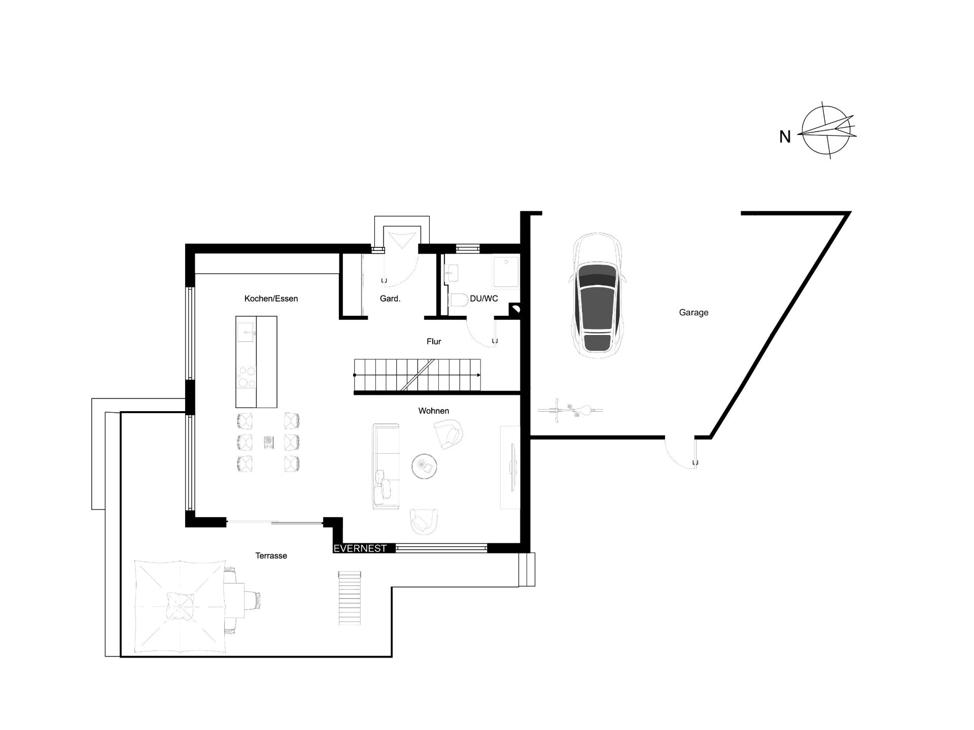 Grundriss eines Wohnhauses mit Garage, Terrasse, Küche, Wohnbereich und Bad.
