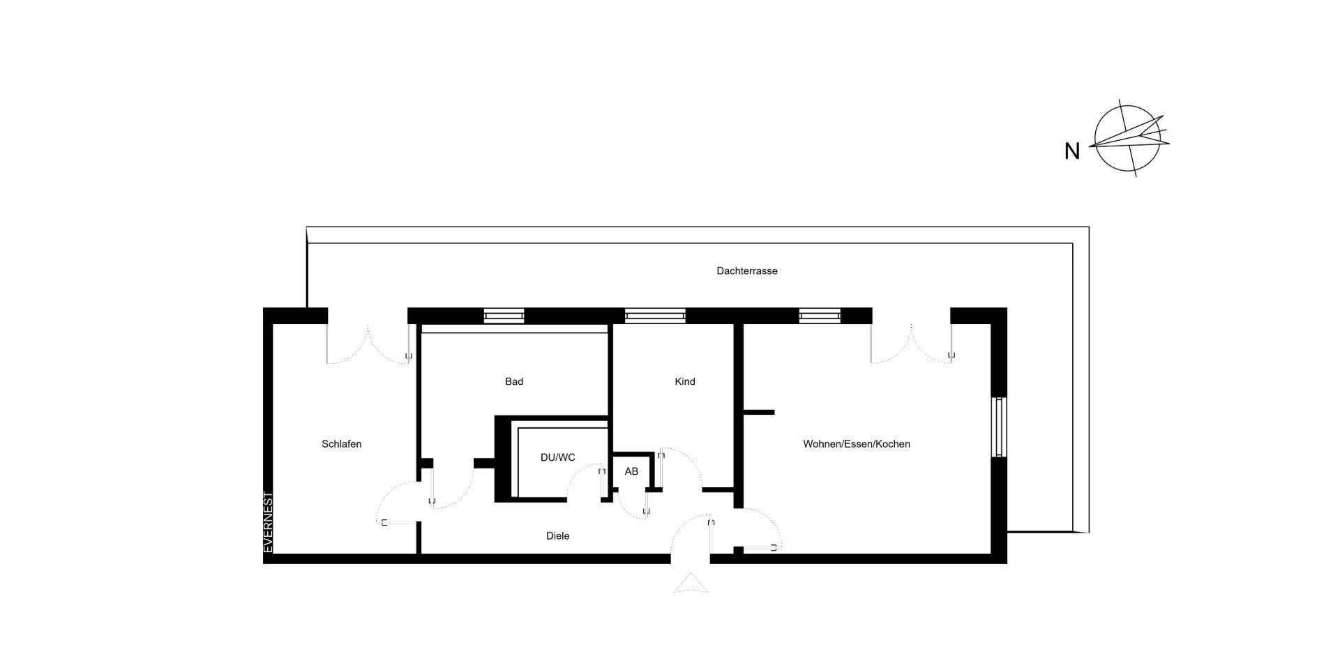 Grundriss einer Wohnung mit Schlafzimmer, Bad, Kinderzimmer, Wohnbereich und Dachterrasse.