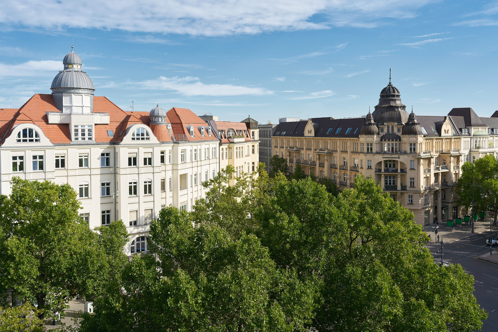 Blick auf historische Wohngebäude mit Türmen und Bäumen im Vordergrund bei blauem Himmel.