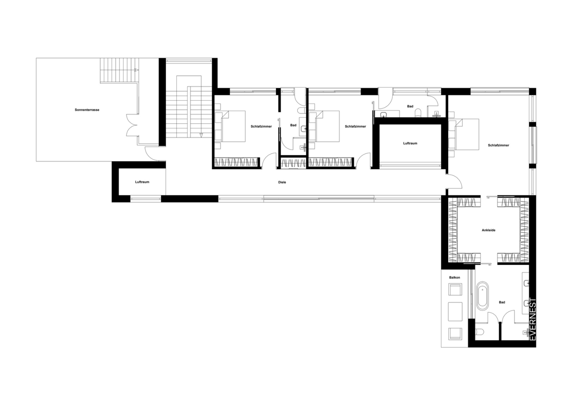 Grundriss einer Wohnung mit Schlafzimmern, Bädern, Ankleide, Dachterrasse und Fluren.