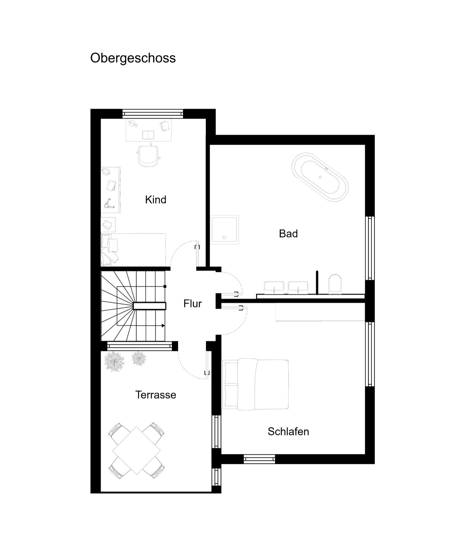 Grundriss des Obergeschosses mit Kind-, Schlaf-, Badezimmer, Flur und Terrasse.