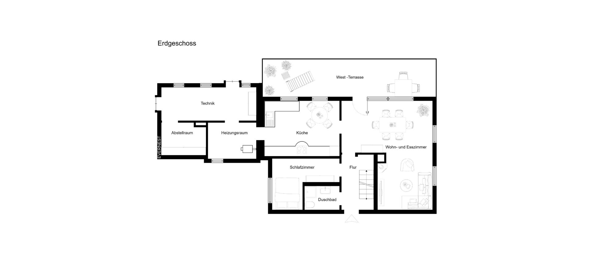 Grundriss des Erdgeschosses mit Küche, Schlafzimmer, Badezimmer, Wohn- und Esszimmer und Terrasse.