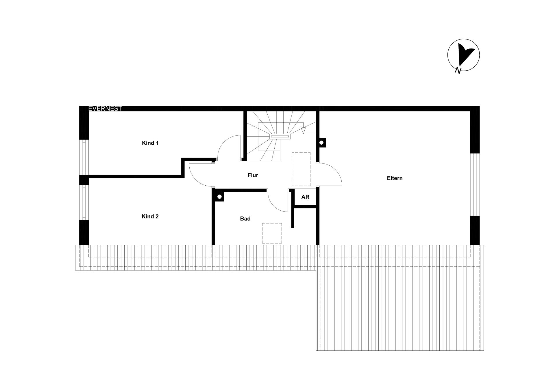 Grundriss mit zwei Kinderzimmern, Schlafzimmer, Bad, Abstellraum und Flur.