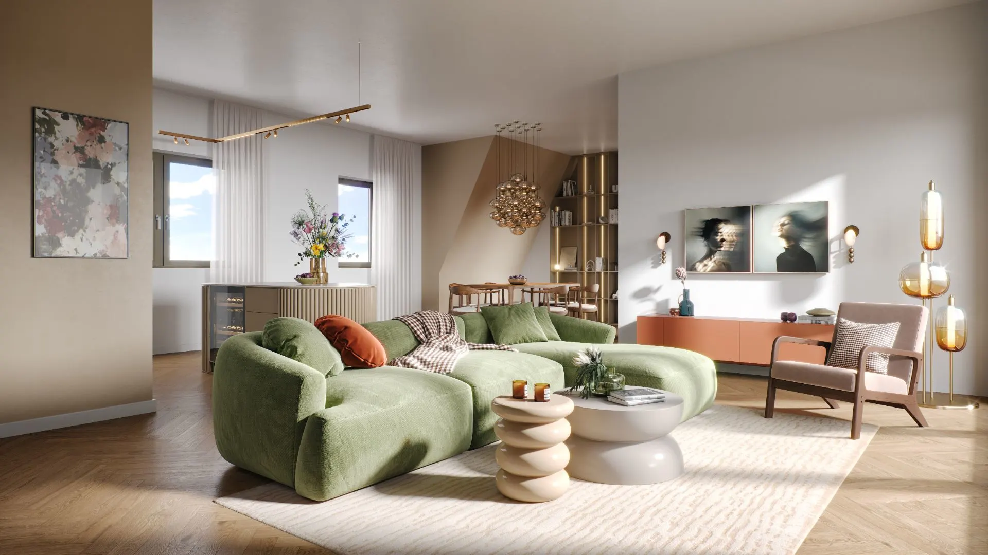 Modernes Wohnzimmer mit grünem Sofa, Couchtisch, Sessel und Essbereich im Hintergrund.