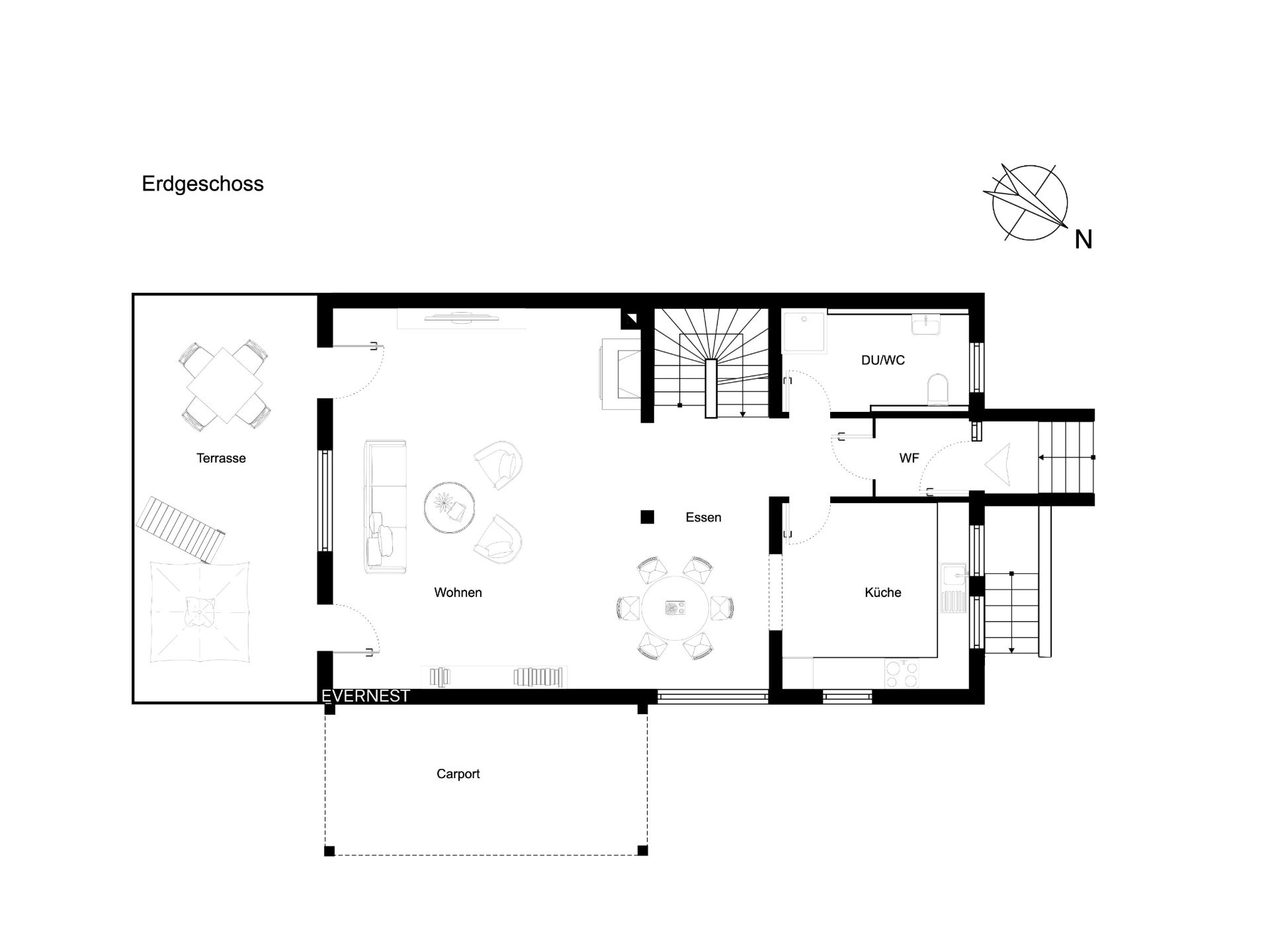 Grundriss des Erdgeschosses mit Terrasse, Wohnzimmer, Essbereich, Küche, WC und Carport.