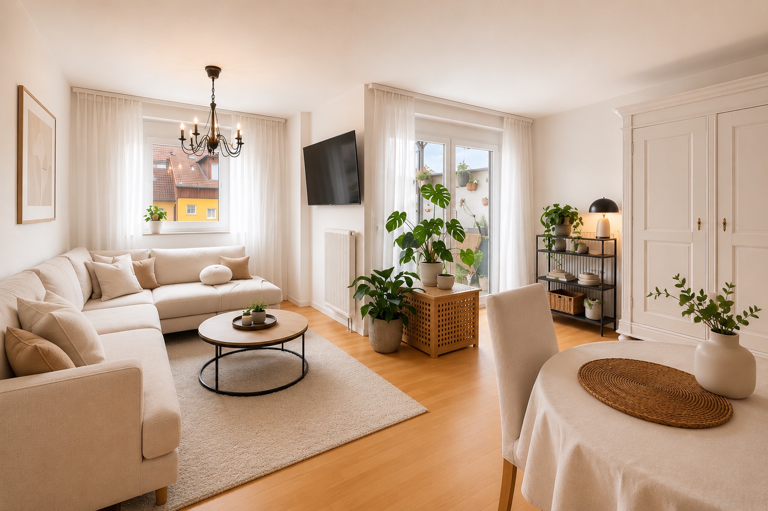 Helles Wohnzimmer mit Ecksofa, Couchtisch, Pflanzen und Esstisch, Holzboden und großen Fenstern.