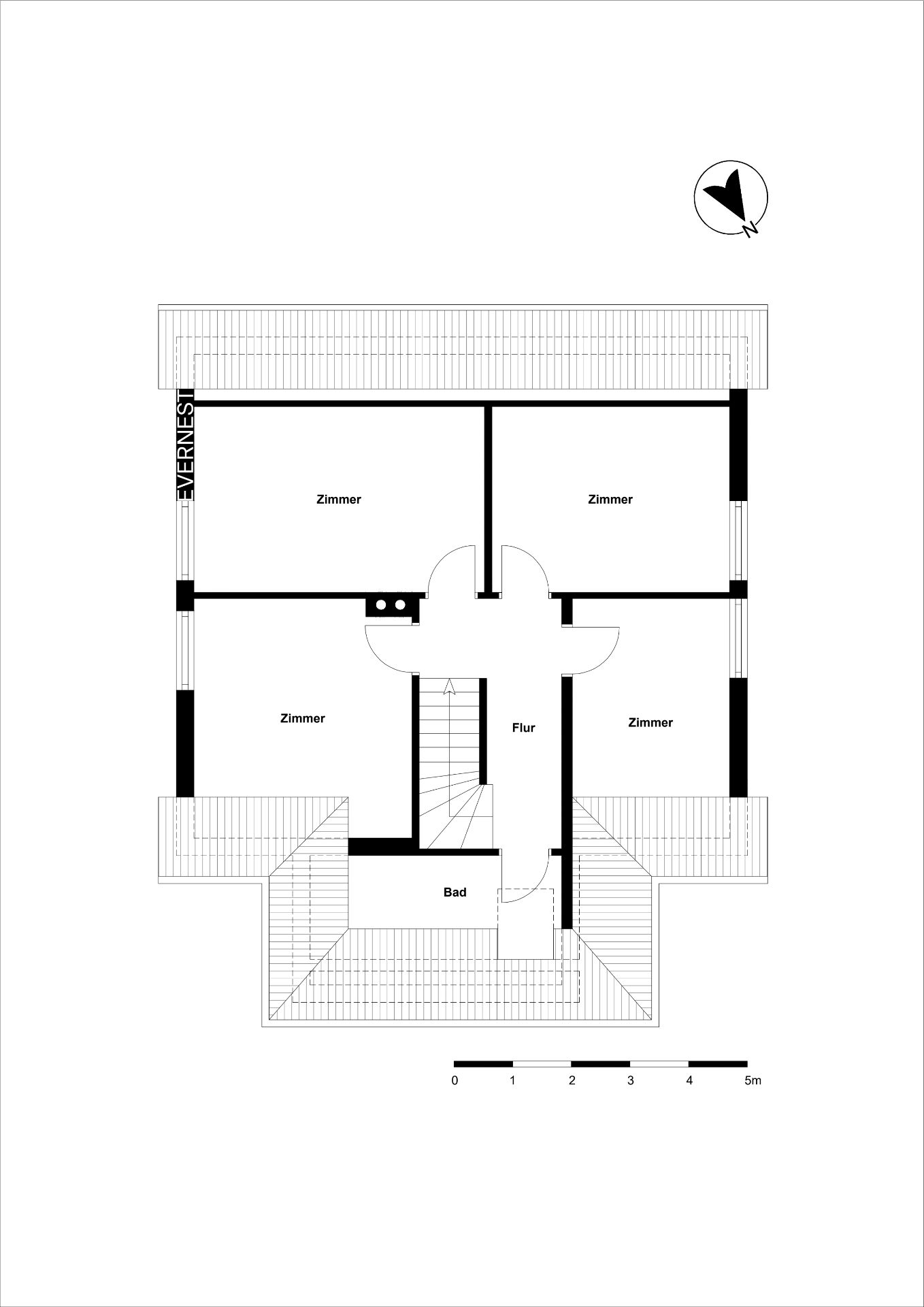 Grundriss mit vier Zimmern, Flur, Bad und Treppe in einer Wohnetage.