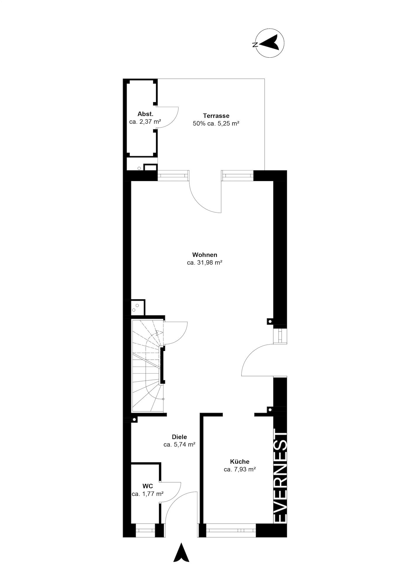 Grundriss mit Wohnbereich, Küche, Diele, WC, Abstellraum und Terrasse.