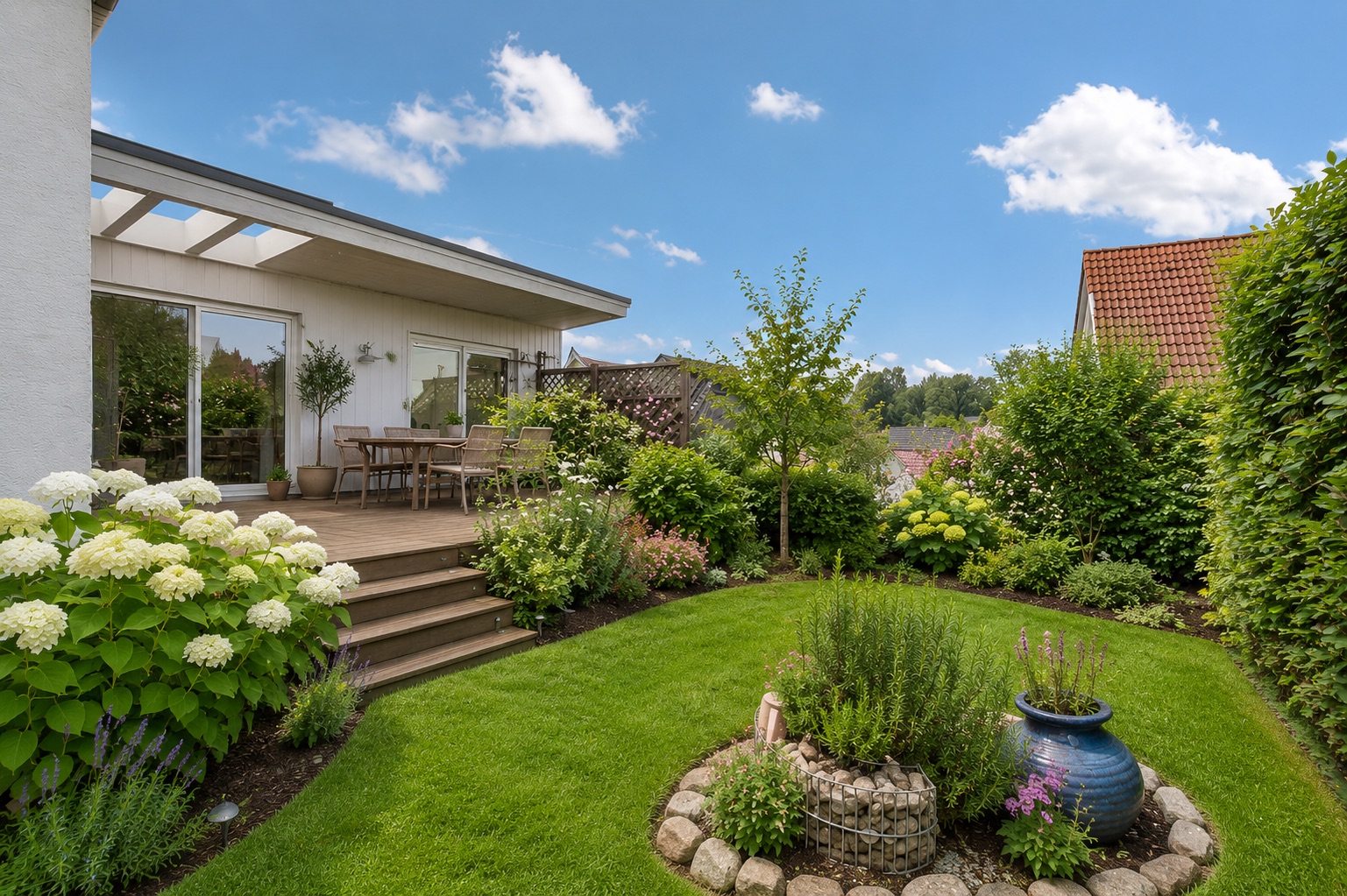 Gepflegter Garten mit Terrasse, Gartenmöbeln und Blumenbeeten neben einem Wohnhaus.