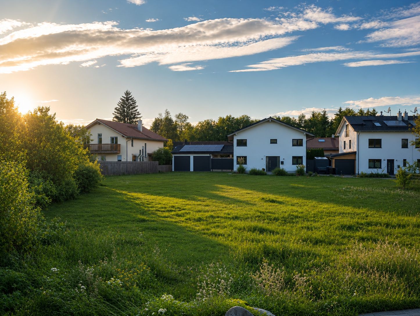 Wohnhäuser mit Gärten und eine große grüne Wiese im Vordergrund bei Sonnenuntergang.