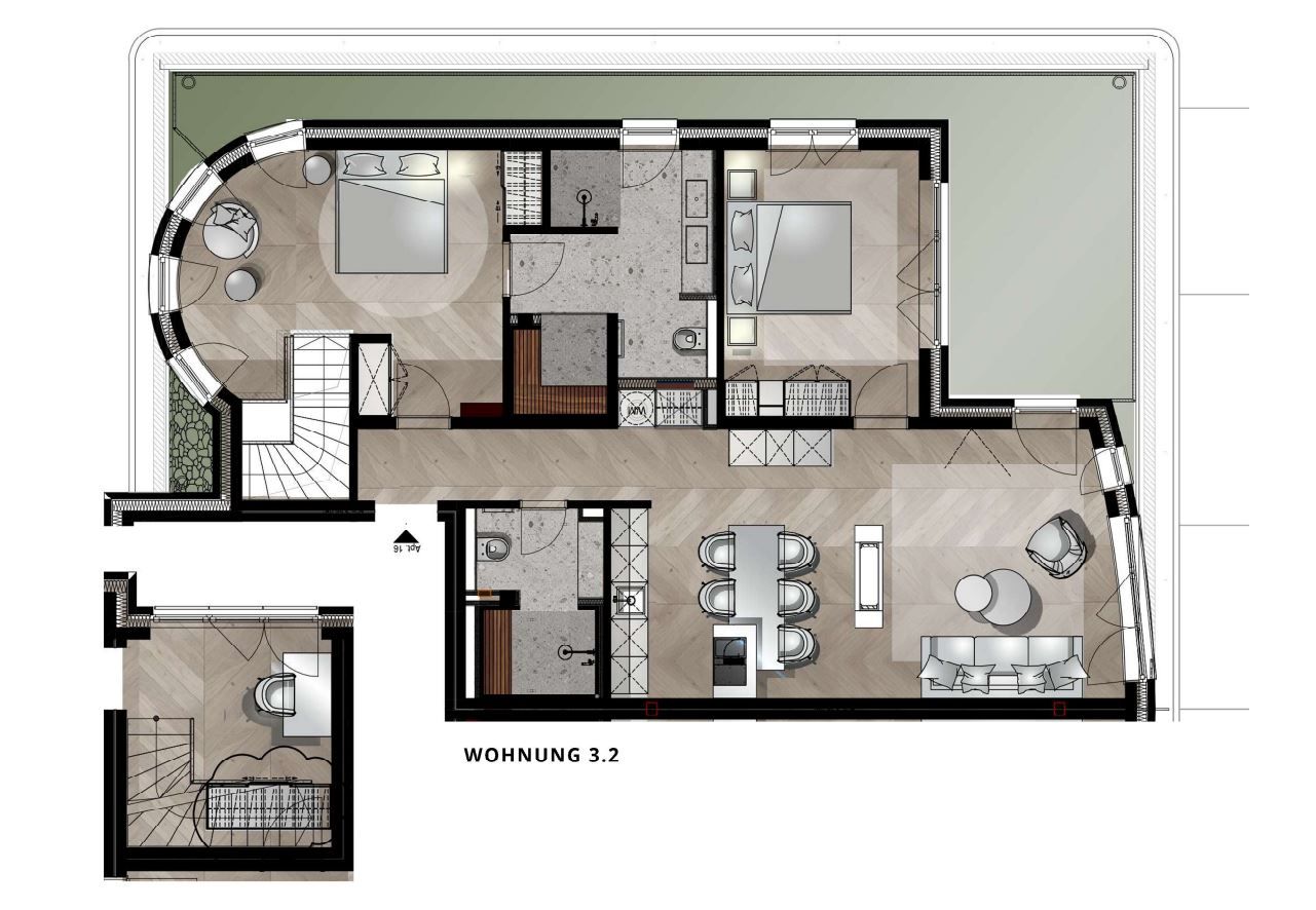 Grundriss einer Wohnung mit zwei Schlafzimmern, zwei Bädern, Küche, Essbereich und Wohnzimmer.