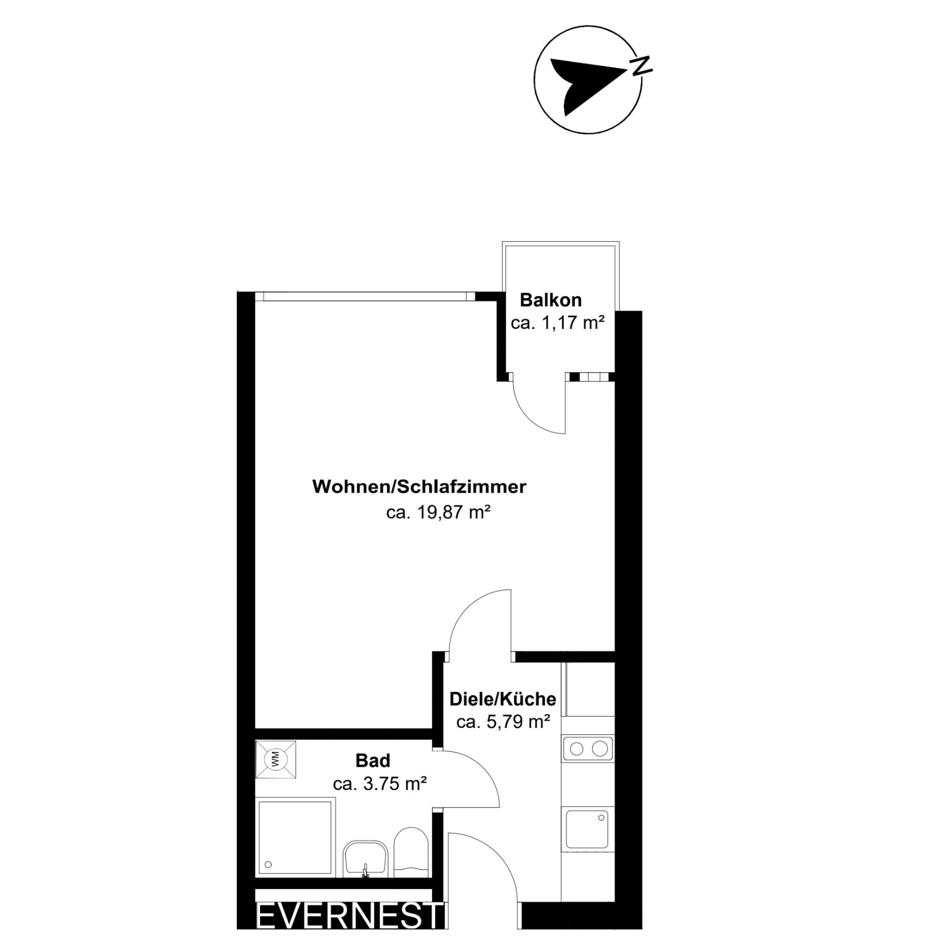 Grundriss einer Wohnung mit Wohnzimmer/Schlafzimmer, Bad, Diele/Küche und Balkon.
