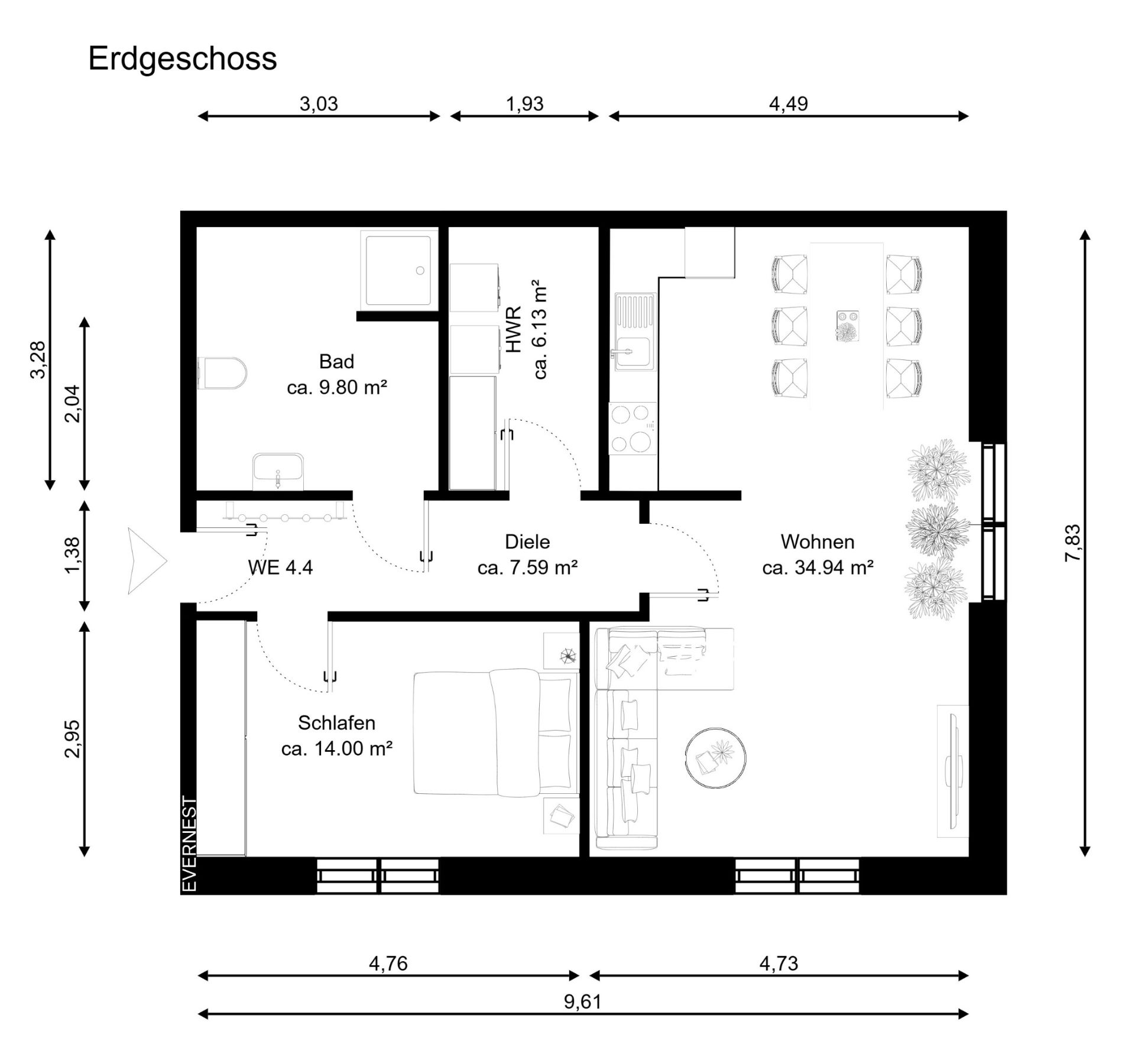 Grundriss einer Erdgeschosswohnung mit Schlafzimmer, Bad, Wohnbereich und Hauswirtschaftsraum.