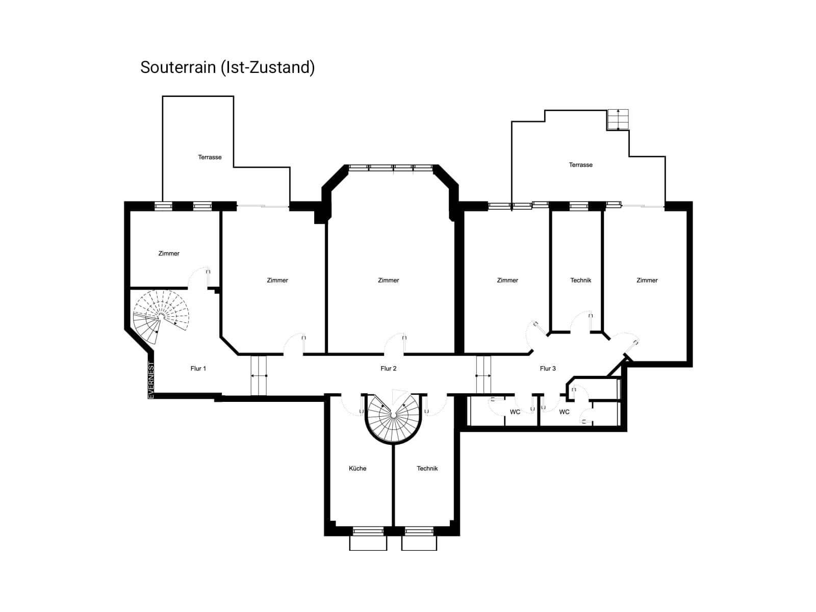Grundriss eines Souterrains mit mehreren Zimmern, Küche, Technikräumen und Terrassen.