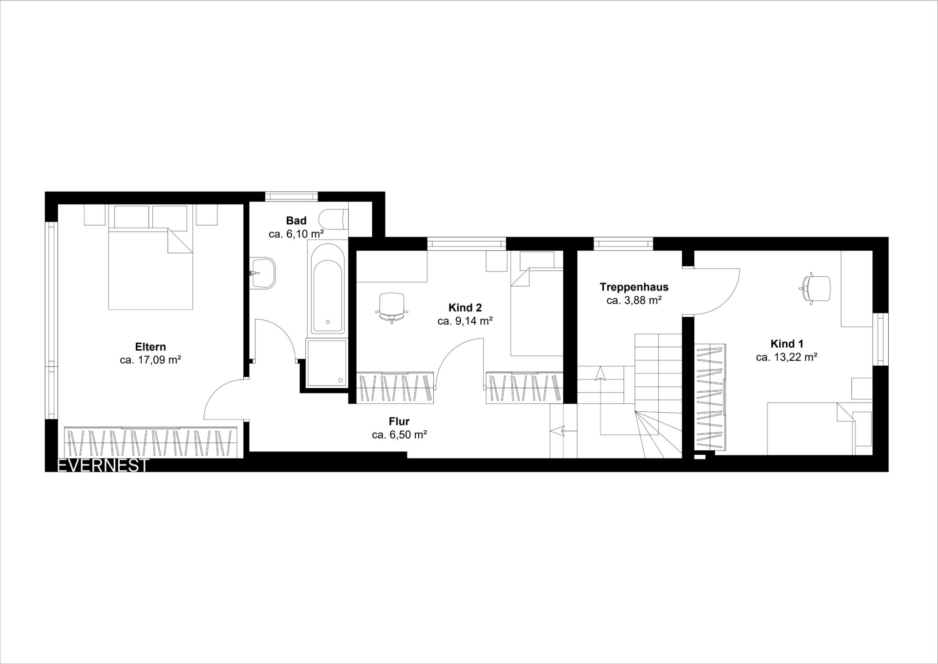 Grundriss mit Schlafzimmer, zwei Kinderzimmern, Bad, Flur und Treppenhaus.