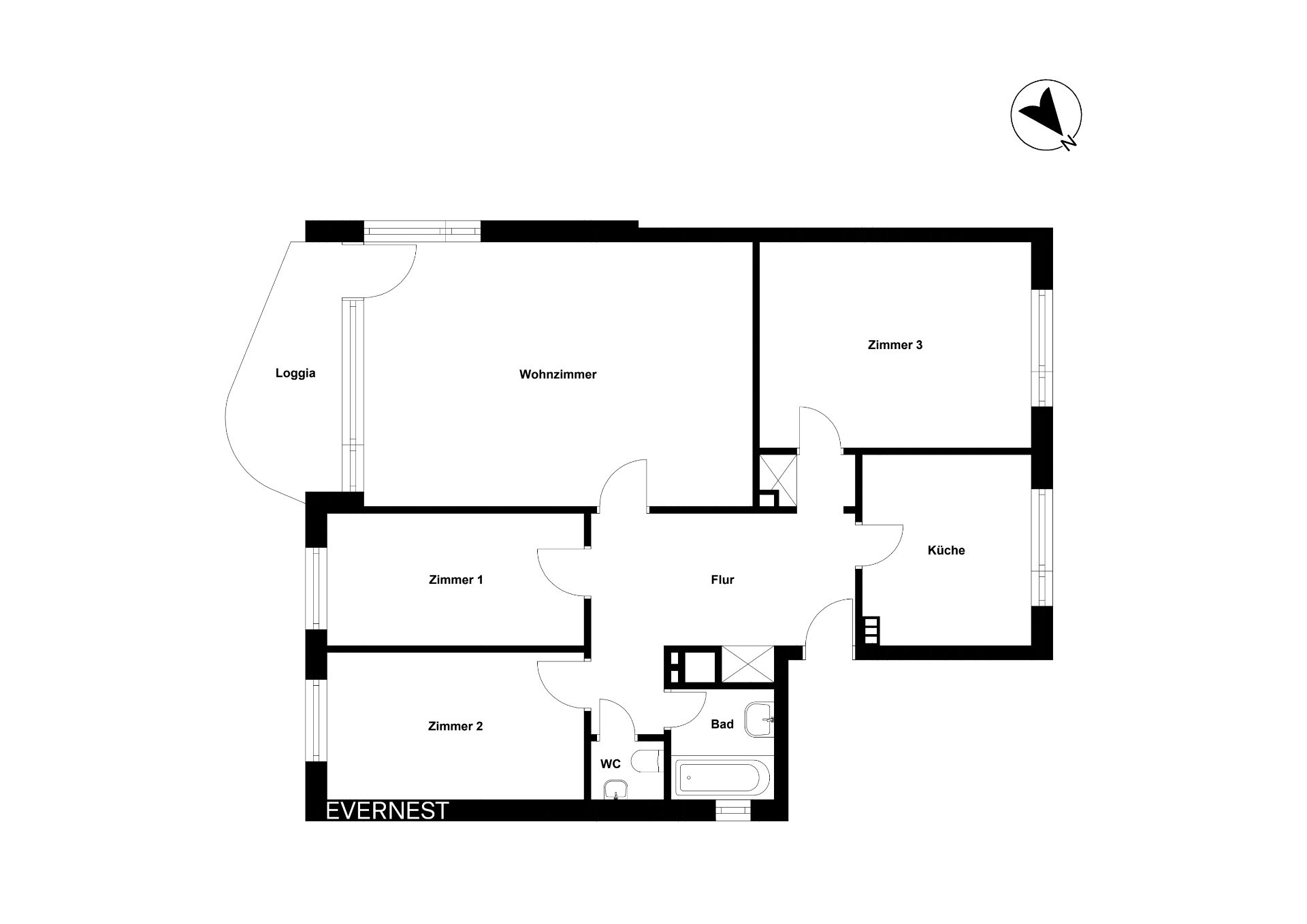 Grundriss einer Wohnung mit drei Zimmern, Wohnzimmer, Küche, Bad, WC, Flur und Loggia.