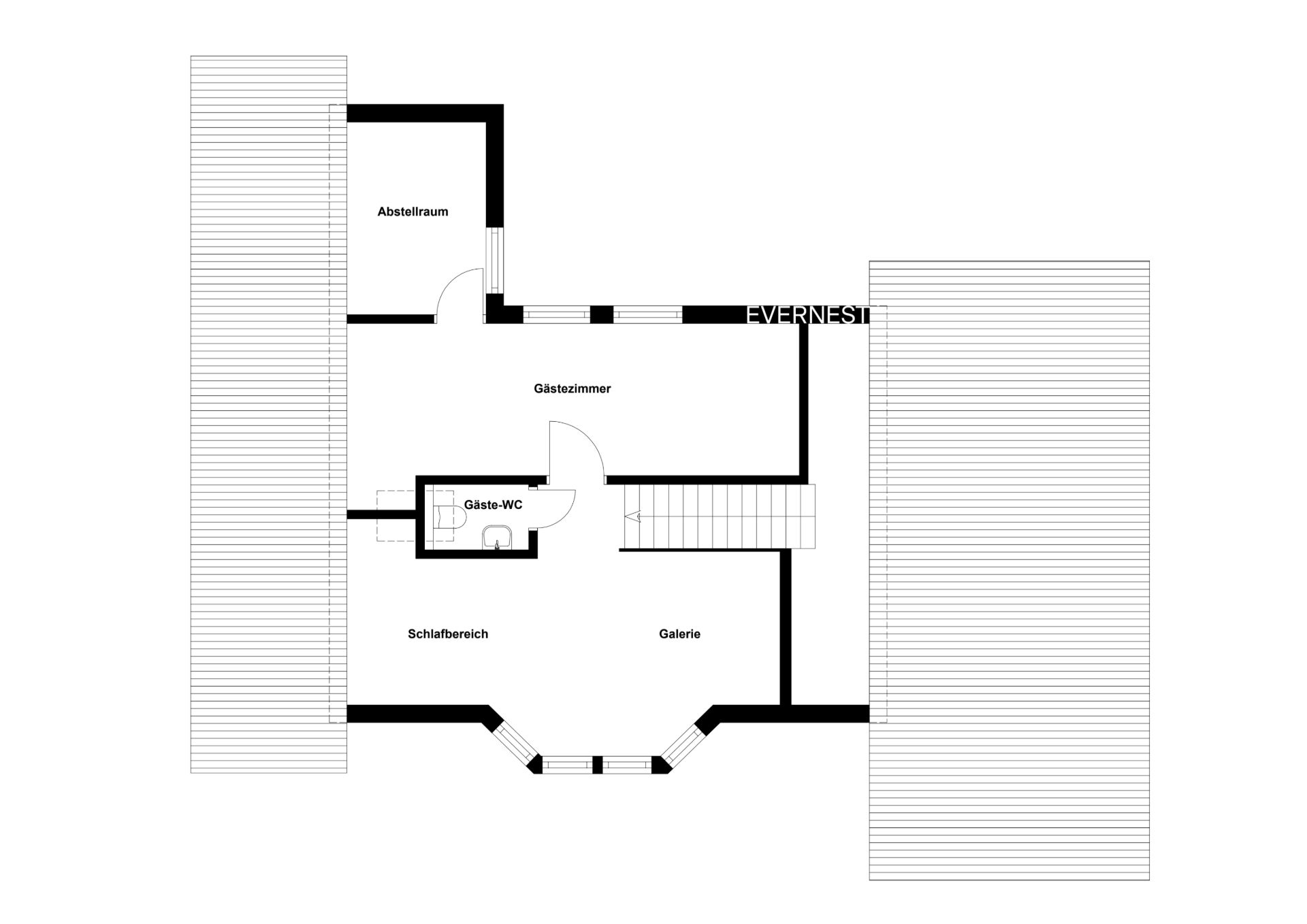 Grundriss mit Abstellraum, Gästezimmer, Gäste-WC, Schlafbereich und Galerie.