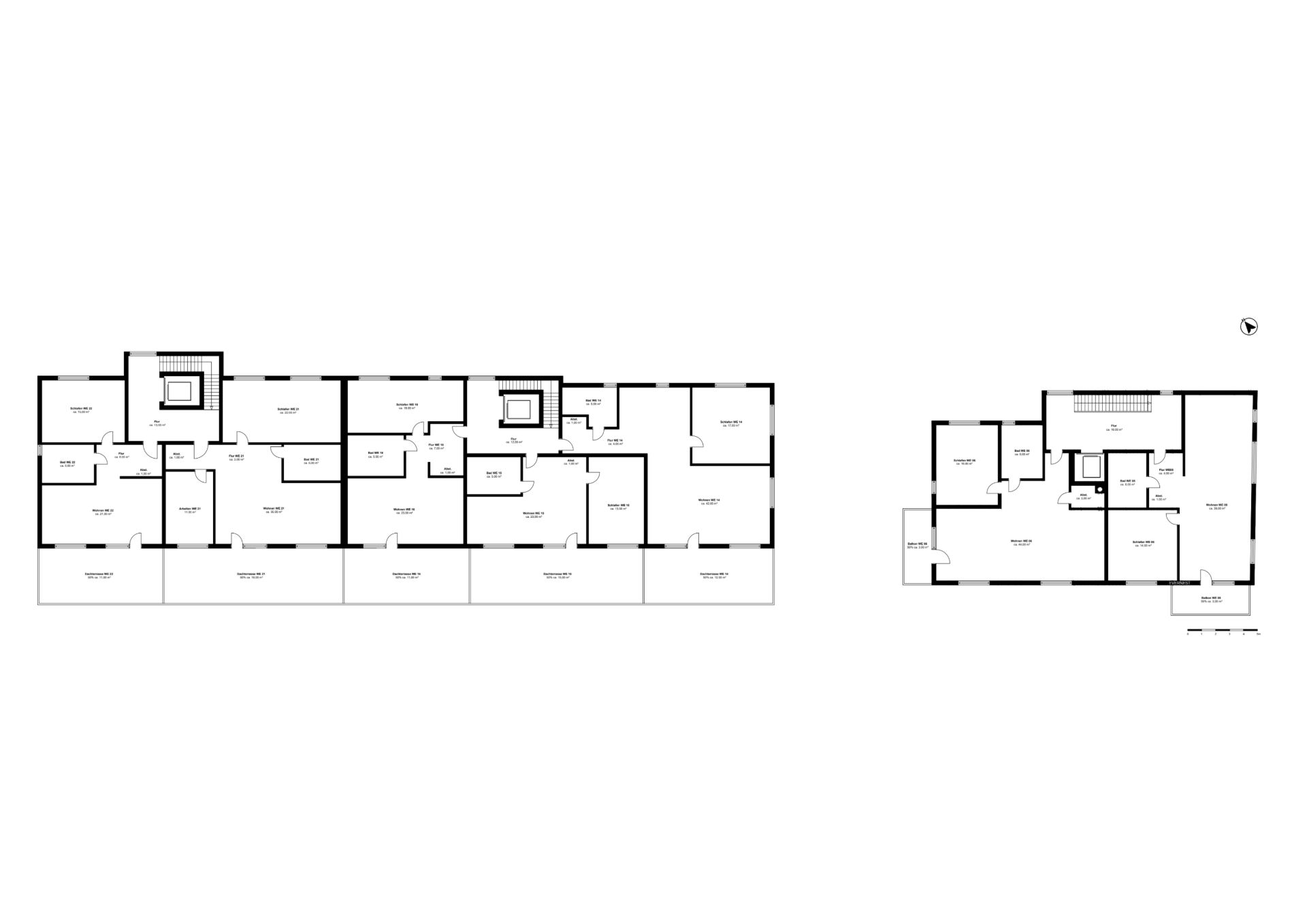 Grundriss mit zwei Etagen, mehreren Zimmern und markierten Türen und Treppen.