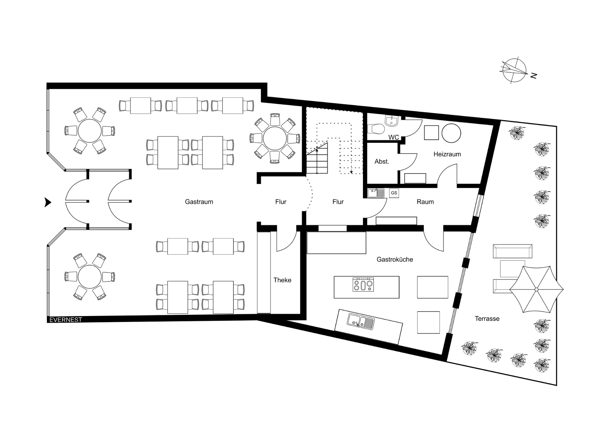 Grundriss mit Gastraum, Küche, WC, Abstellraum und Terrasse mit Sitzgelegenheiten.