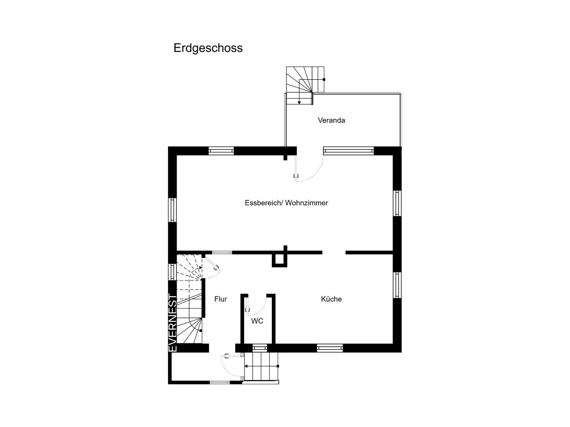 Grundriss vom Erdgeschoss mit Küche, Essbereich/Wohnzimmer, Flur, WC und Veranda.