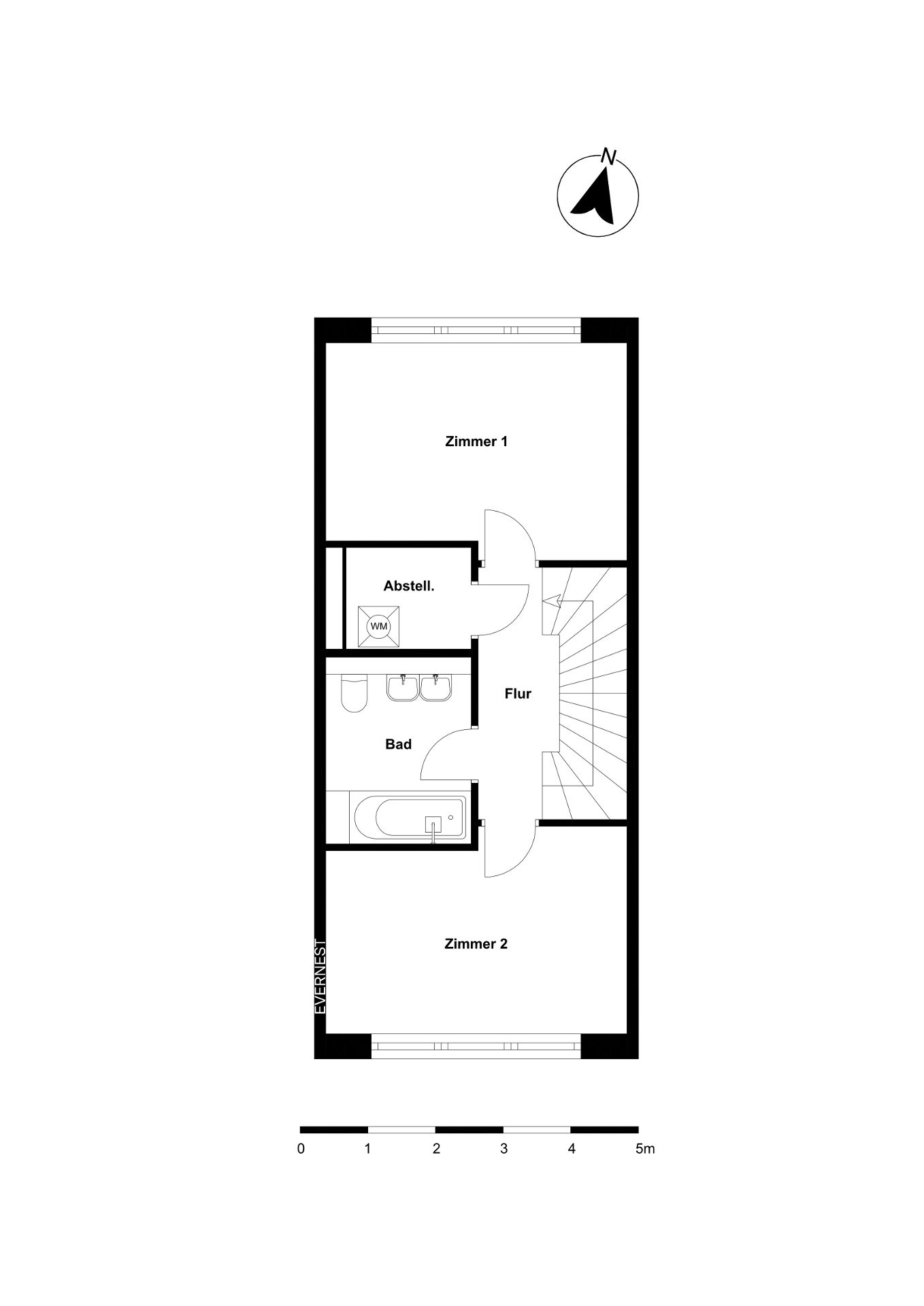 Grundriss mit zwei Zimmern, Bad, Abstellraum und Flur, sowie Treppe.