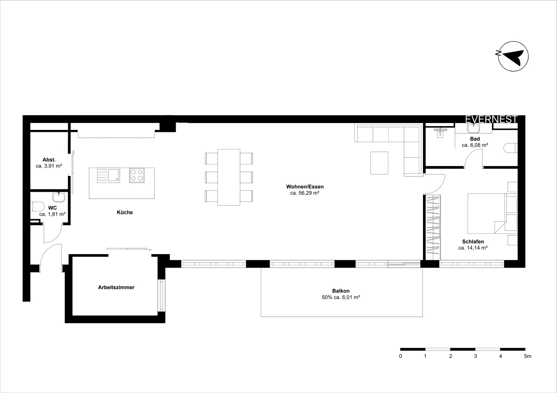 Grundriss einer Wohnung mit Wohnzimmer, Küche, Schlafzimmer, Bad, WC, Arbeitszimmer und Balkon.