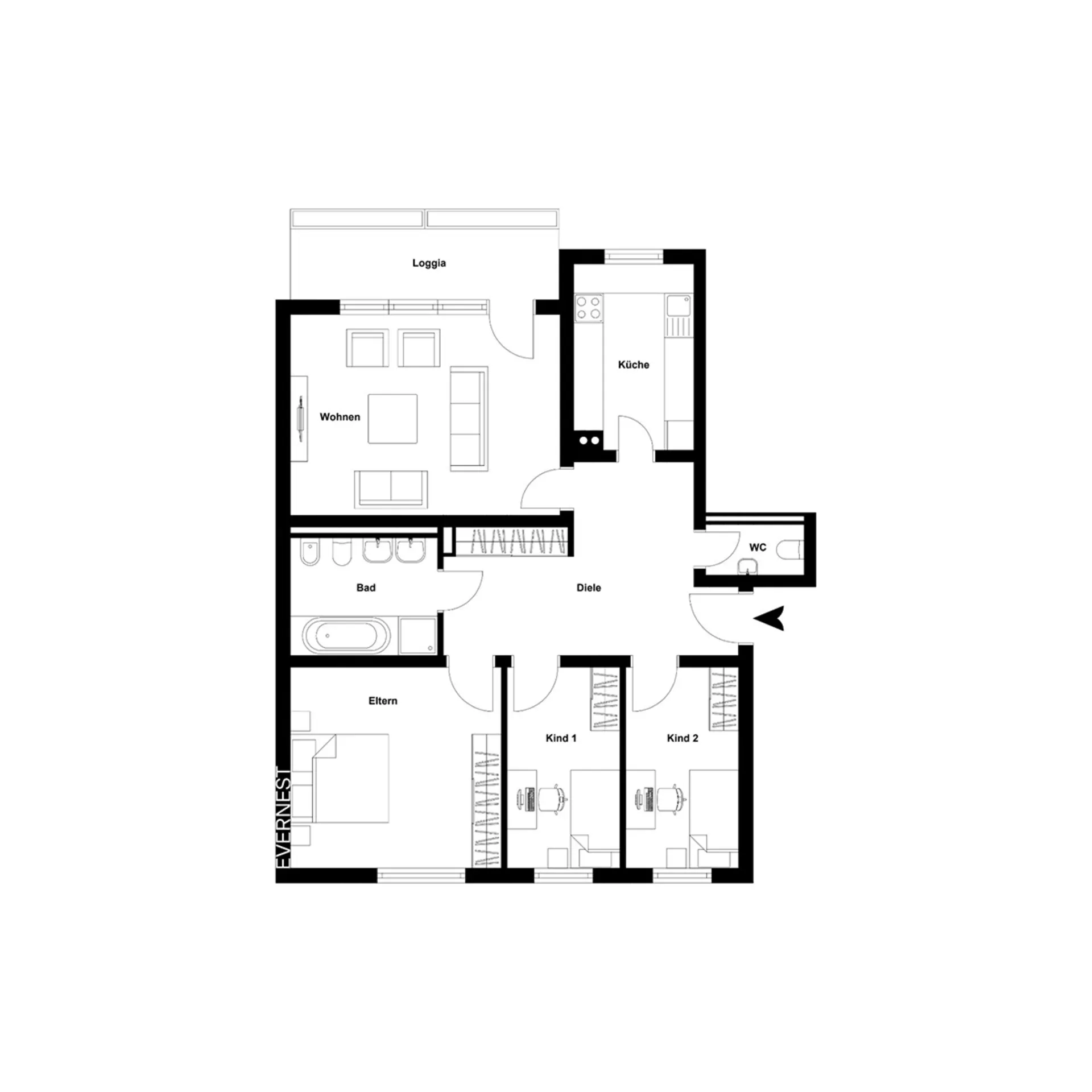 Grundriss einer Wohnung mit Wohnzimmer, Küche, Bad, Elternzimmer, zwei Kinderzimmern und Balkon.