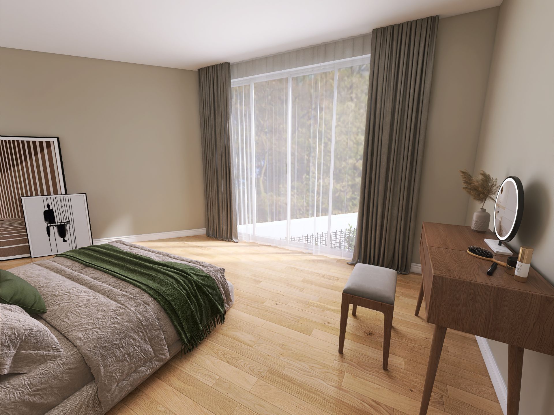 Schlafzimmer mit großem Fenster, Bett, Schminktisch, Hocker und Vorhängen.