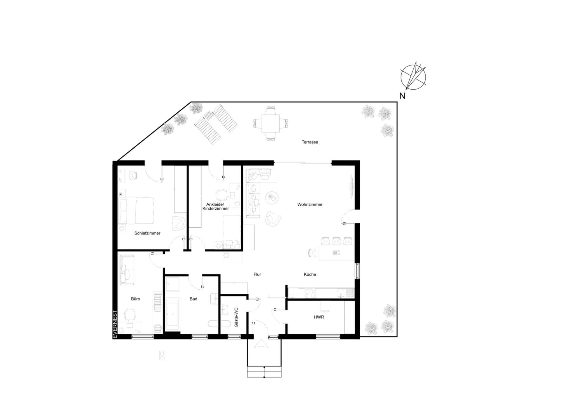 Grundriss eines Hauses mit Schlafzimmer, Wohnzimmer, Küche, Bad, Büro und Terrasse.
